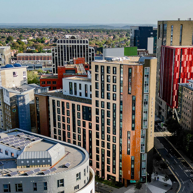 Drone view of the high-rise residential building Bailey Point in London